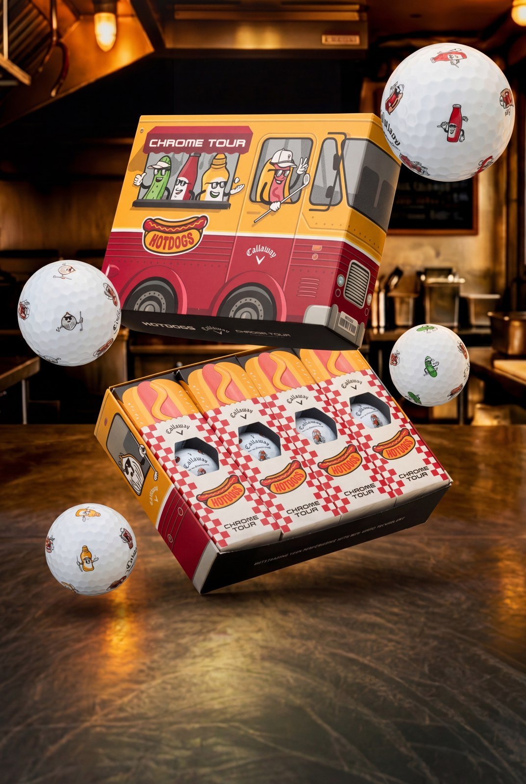 AI image: Hot Dog golf ball box flying through a diner
