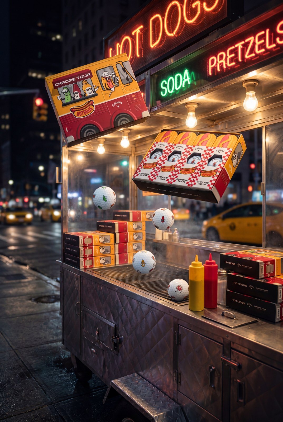AI image: Hot Dog golf ball display at a city hot dog cart