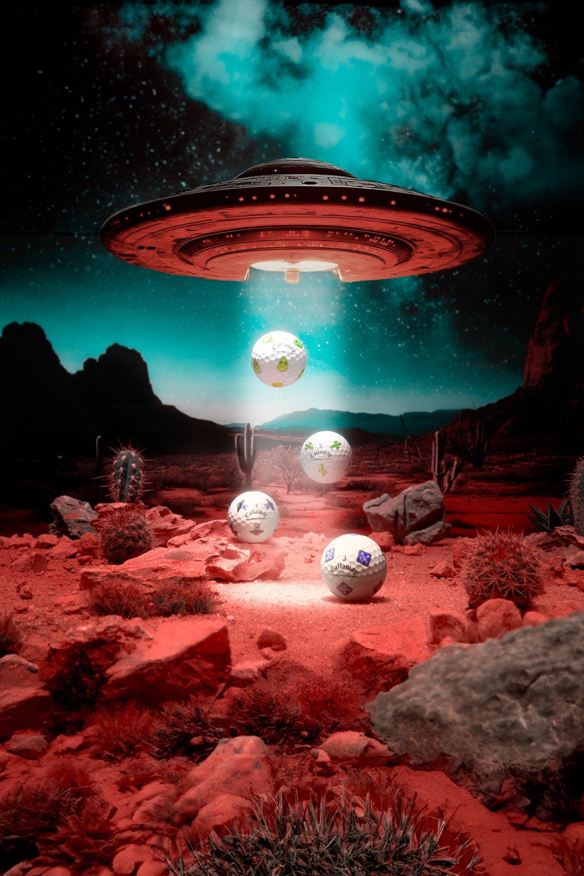 Area 51 golf balls under a UFO beam in a red desert, enhanced with AI