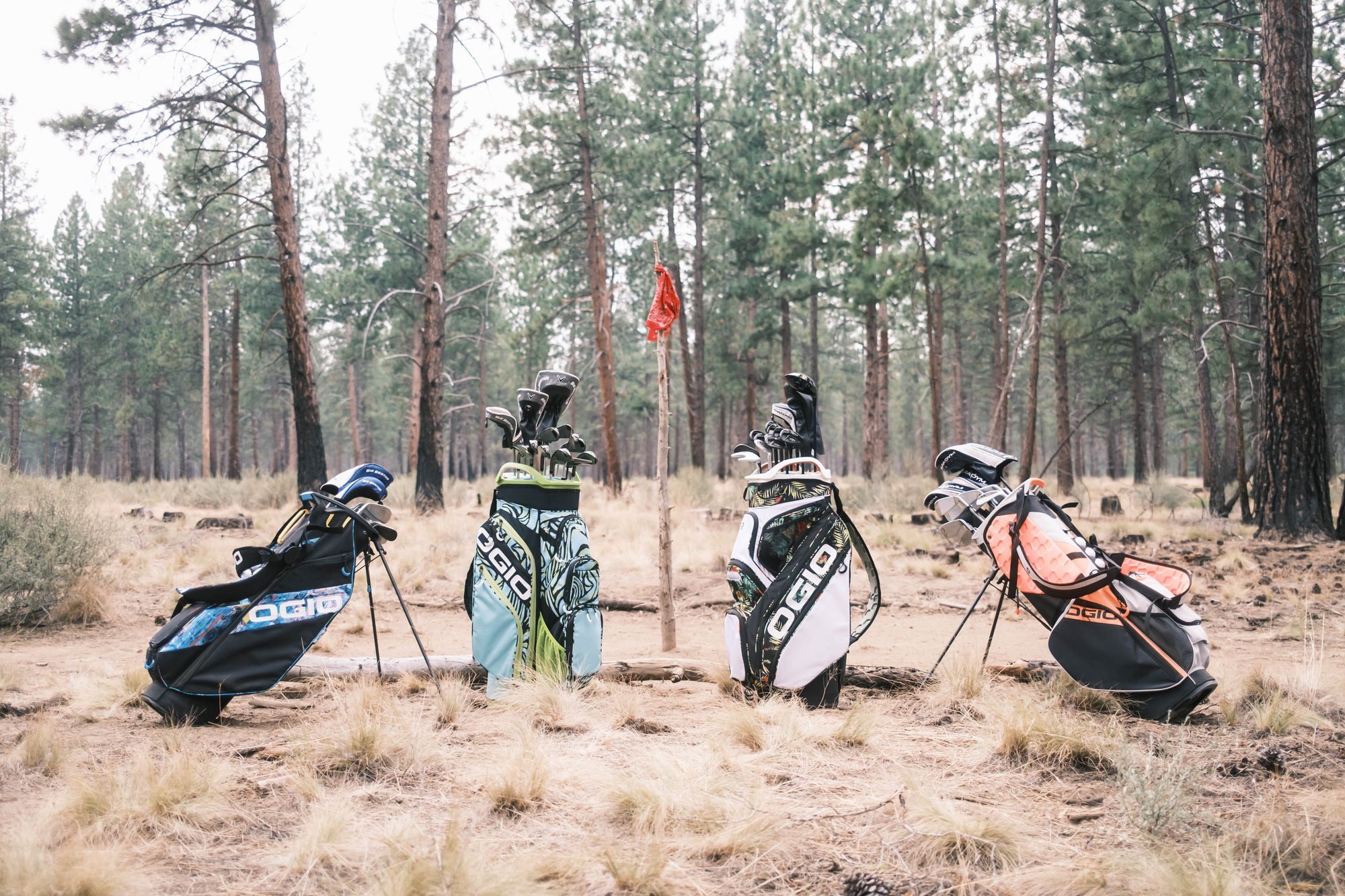 OGIO golf bags lined up in the forest