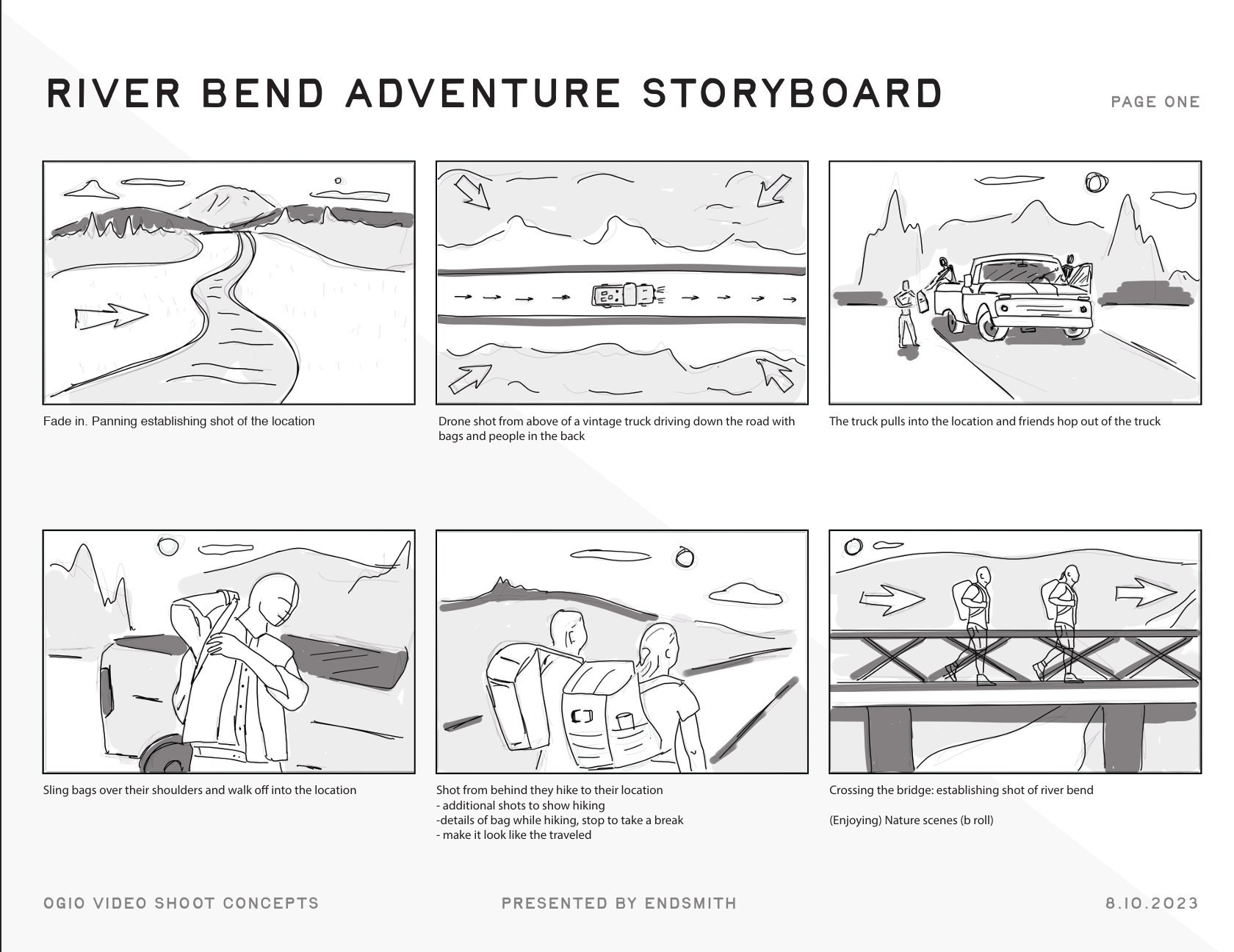 River Bend Adventure storyboard, page one