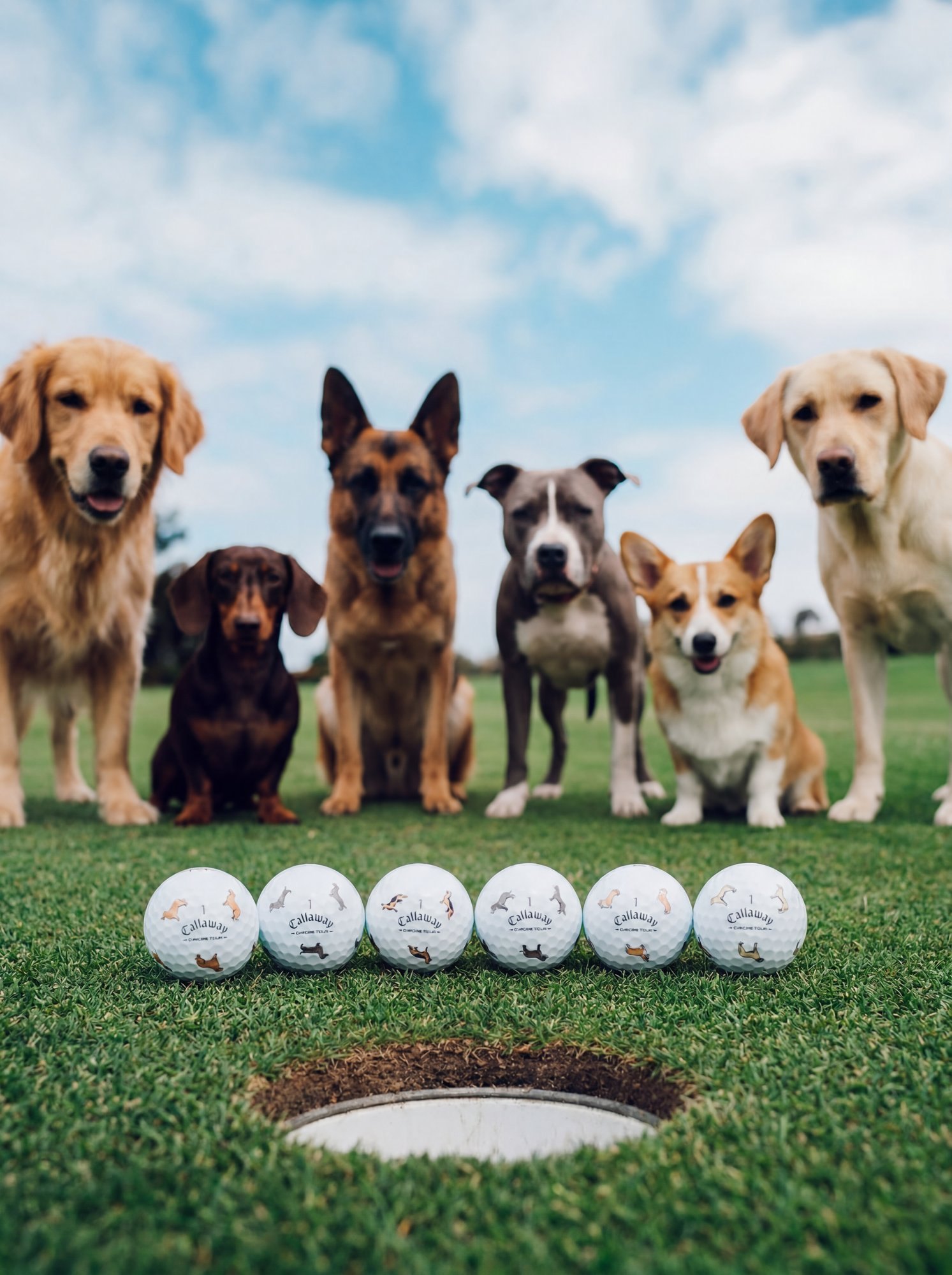 AI image: dogs lined up behind Callaway golf balls by the cup