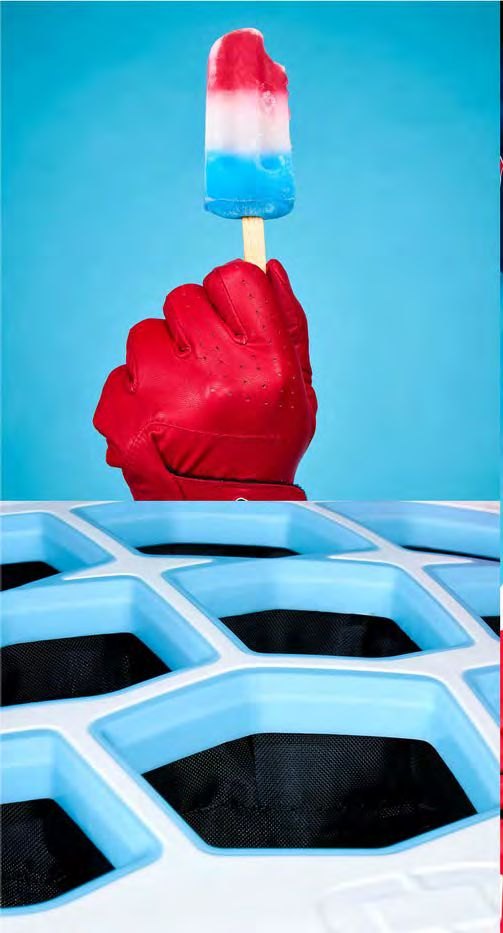 Red golf glove holding a popsicle on blue