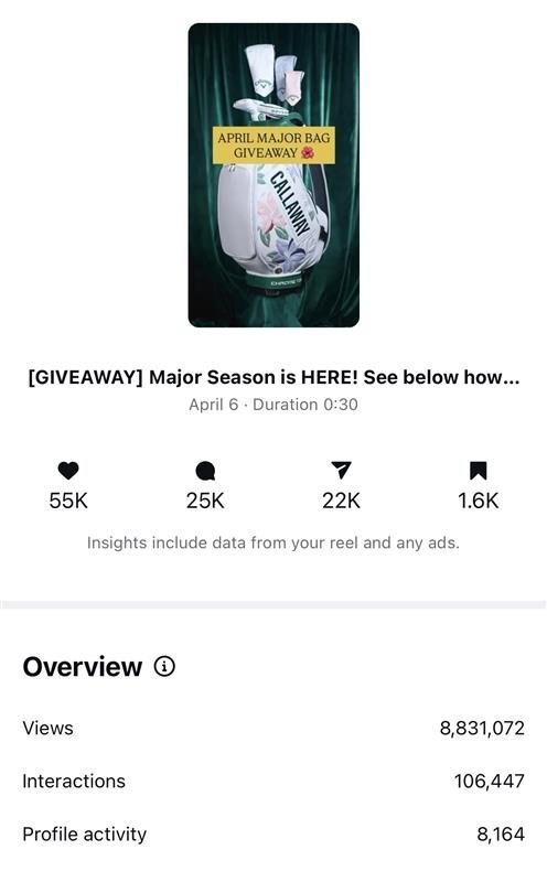 Instagram insights: April Major Bag Giveaway reel overview
